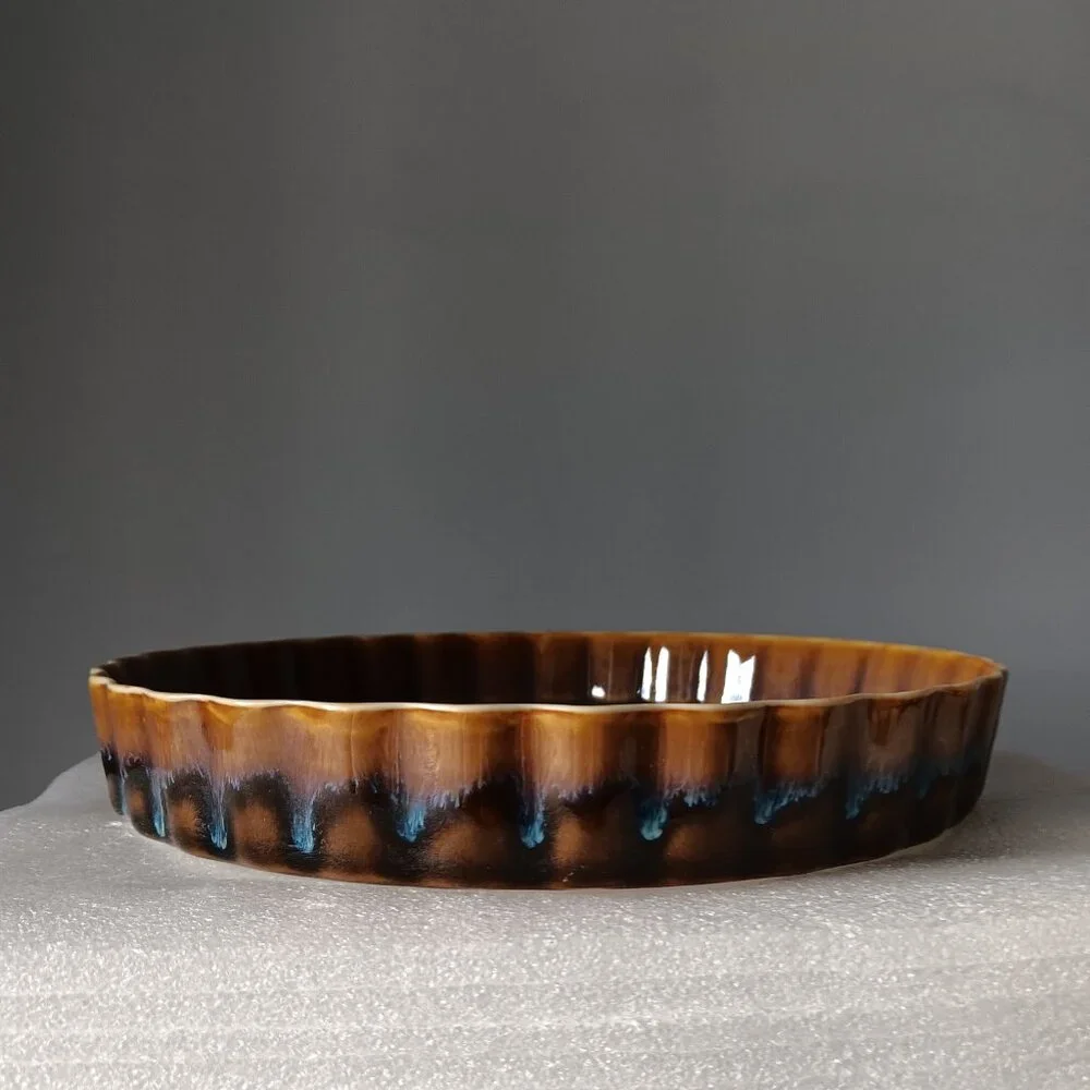 New Ceramic Fluted Round Baking Serving Dish Seamist Glaze Brown Blue 9